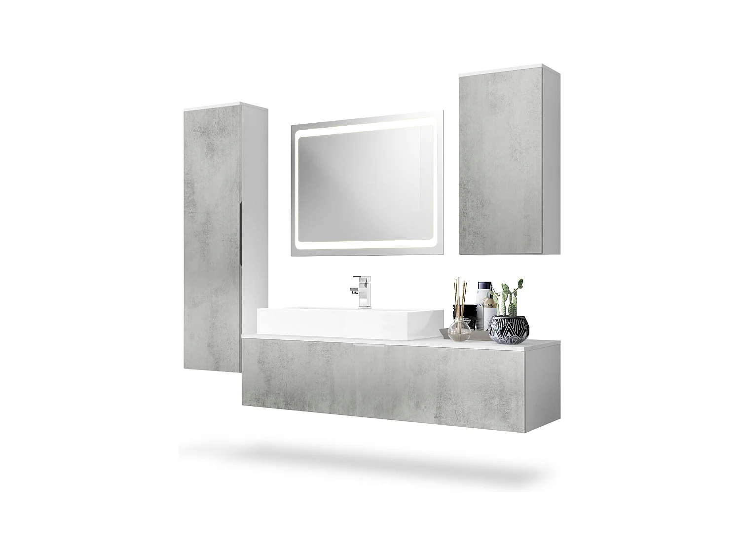 Ensemble de Meubles de Bains Beach, Corps en Blanc Mat/Façades en Aspect béton oxyde-optique avec miroir LED, lavabo et armature