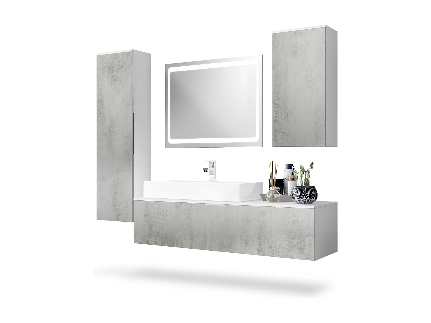 Ensemble de Meubles de Bains Beach, Corps en Blanc Mat/Façades en Aspect béton oxyde-optique avec miroir LED, lavabo et armature