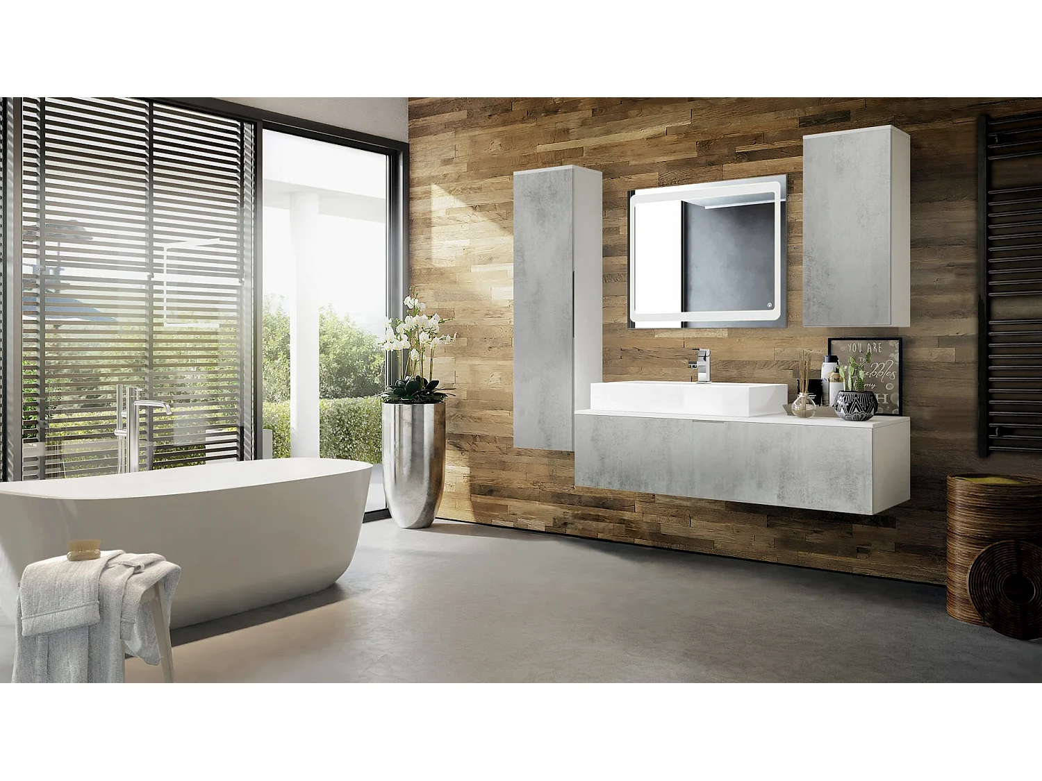 Ensemble de Meubles de Bains Beach, Corps en Blanc Mat/Façades en Aspect béton oxyde-optique avec miroir LED, lavabo et armature