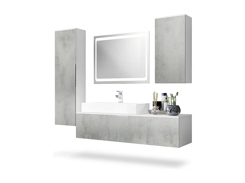 Conjunto de Muebles para baño Beach, Cuerpo en Blanco mate/Frentes con apariencia Hormigón Oxidado, incluidos espejo con LED, lavabo y grifo