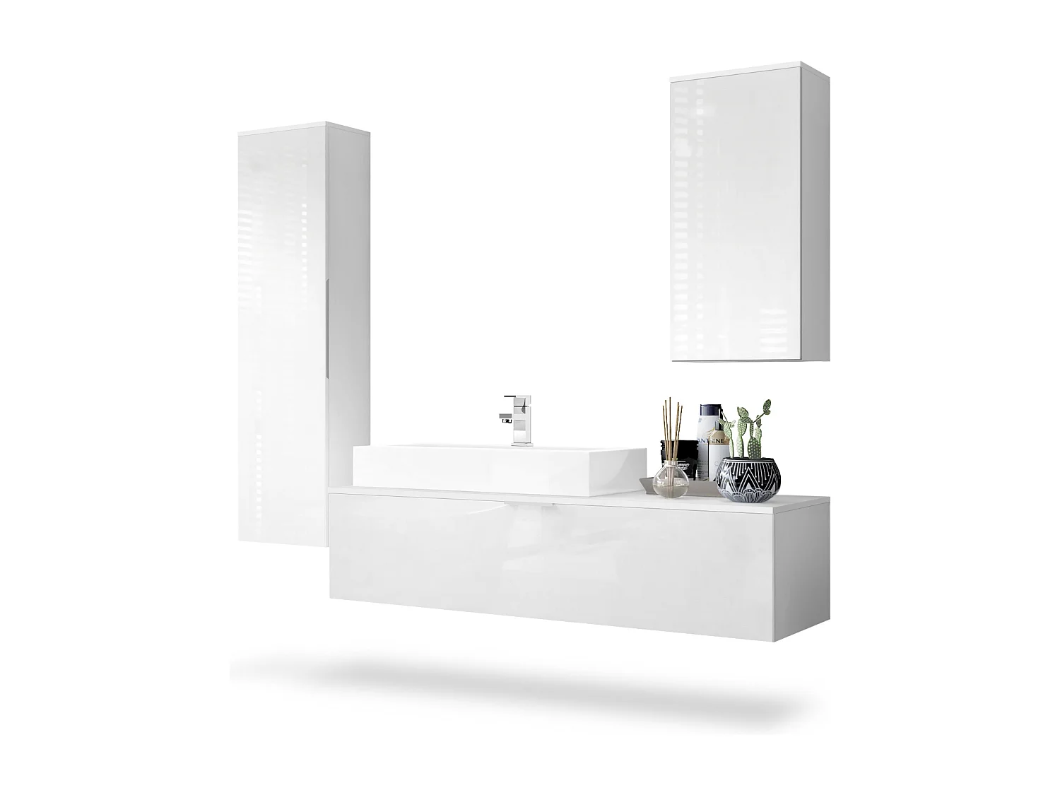 Ensemble de Meubles de Bains Beach, Corps en Blanc Mat/Façades en Blanc haute brillance avec Vasque à poser et Robinet
