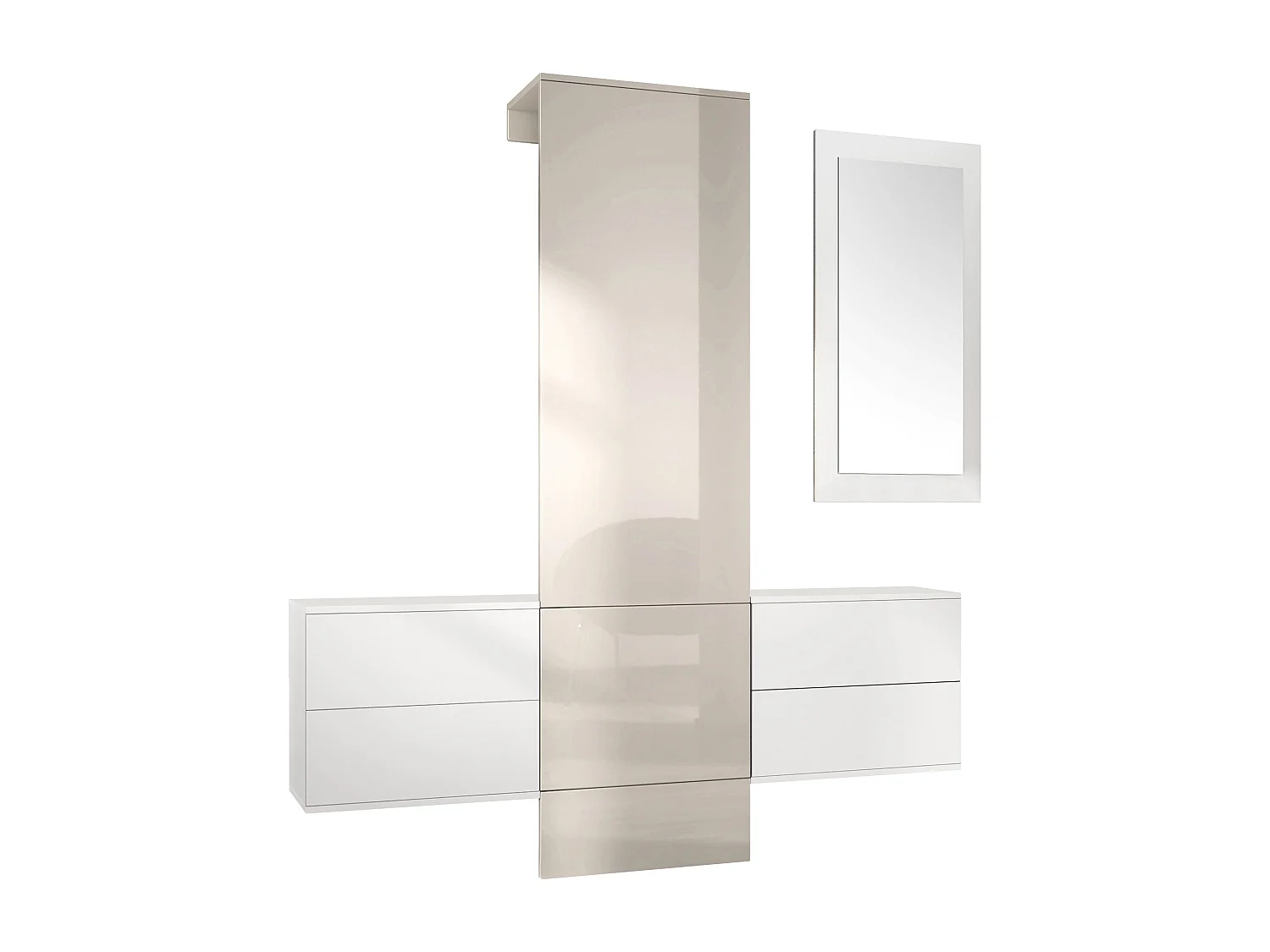 Vestiaire Garderobe Carlton Set 3, Corps en Blanc mat / Panneau portemanteau en gris sable haute brillance