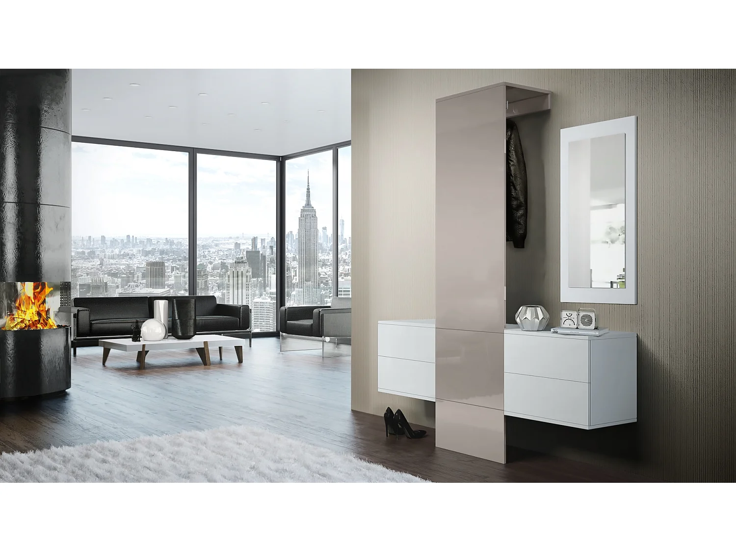 Vestiaire Garderobe Carlton Set 3, Corps en Blanc mat / Panneau portemanteau en gris sable haute brillance