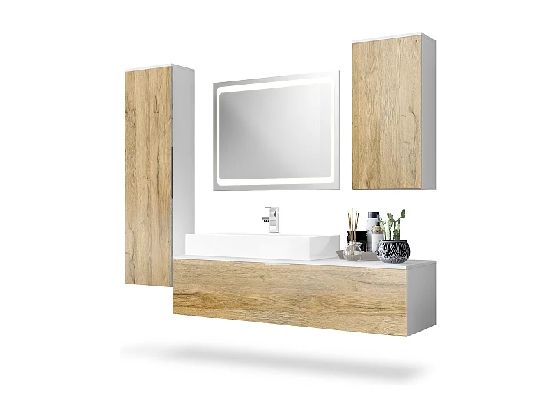 Ensemble de Meubles de Bains Beach, Corps en Blanc Mat/Façades en Chêne nature avec miroir LED, lavabo et armature