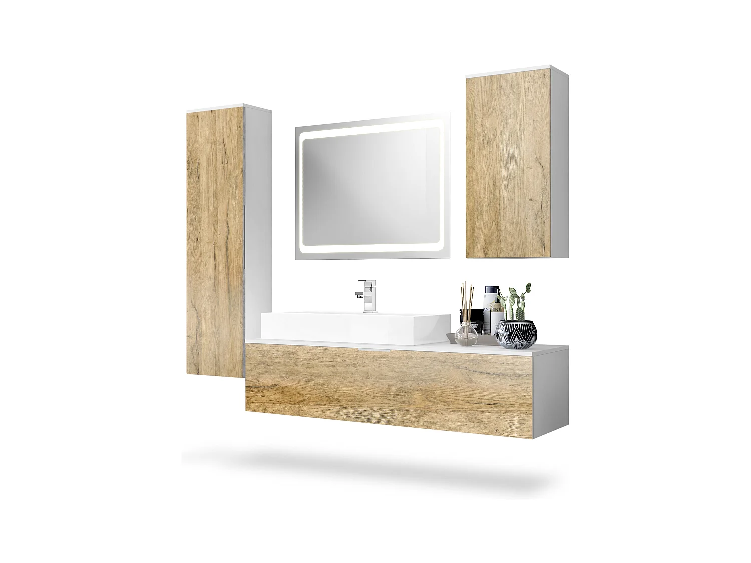 Ensemble de Meubles de Bains Beach, Corps en Blanc Mat/Façades en Chêne nature avec miroir LED, lavabo et armature