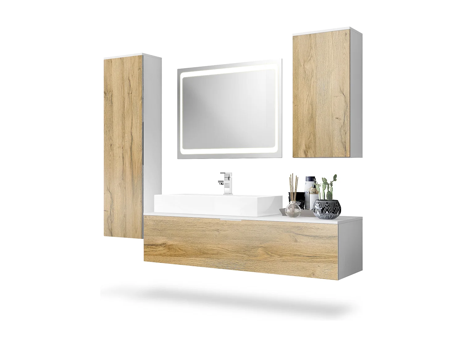 Ensemble de Meubles de Bains Beach, Corps en Blanc Mat/Façades en Chêne nature avec miroir LED, lavabo et armature