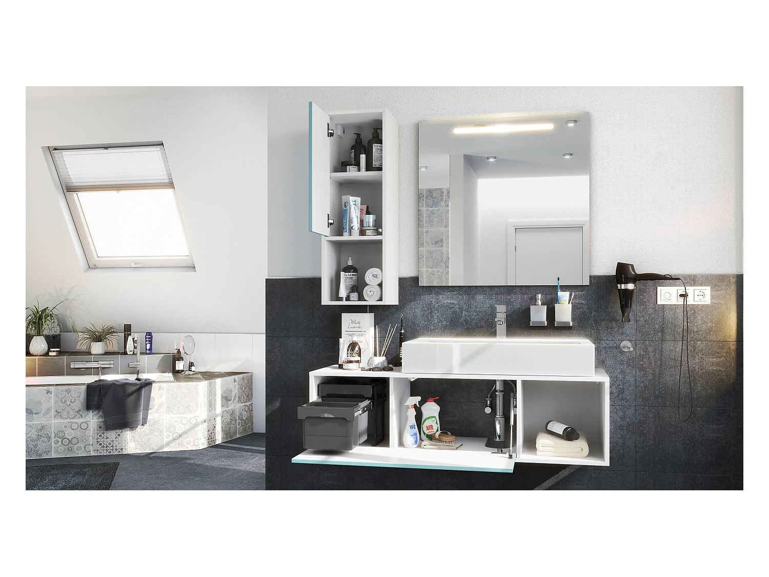 Ensemble de meubles de bains La Costa, Corps en Blanc mat, Façades en Blanc haute brillance, avec Vasque à poser, Robinet et Miroir LED