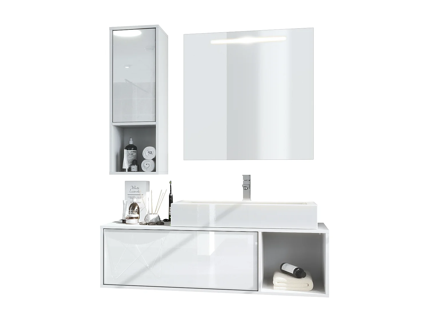 Ensemble de meubles de bains La Costa, Corps en Blanc mat, Façades en Blanc haute brillance, avec Vasque à poser, Robinet et Miroir LED