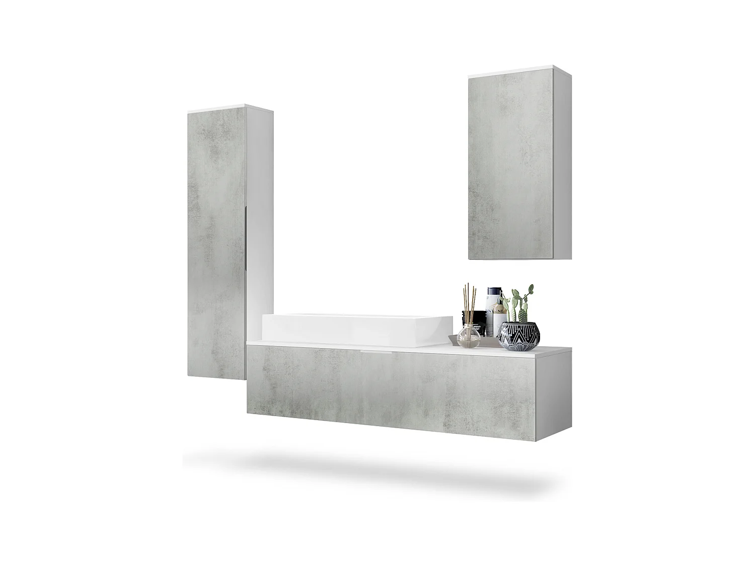 Ensemble de Meubles de Bains Beach, Corps en Blanc Mat/Façades en Aspect béton oxyde-optique avec Vasque à poser