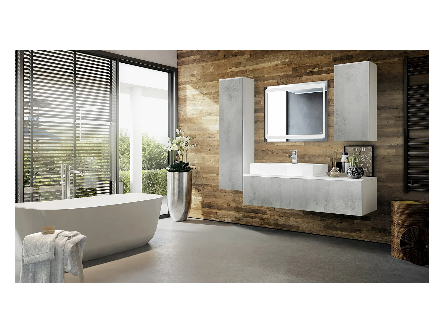 Ensemble de Meubles de Bains Beach, Corps en Blanc Mat/Façades en Aspect béton oxyde-optique avec Vasque à poser