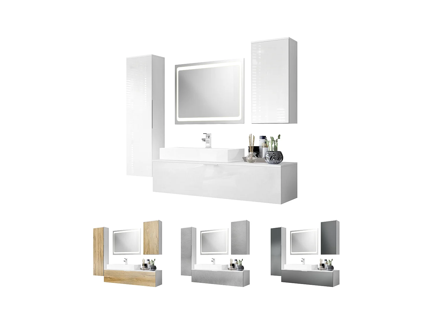 Ensemble de Meubles de Bains Beach, Corps en Blanc Mat/Façades en Aspect béton oxyde-optique avec Vasque à poser