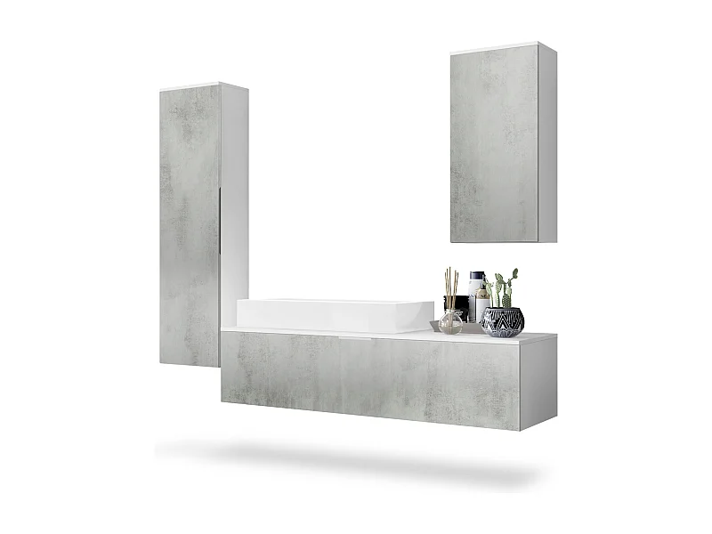 Conjunto de Muebles para baño Beach, Cuerpo en Blanco mate/Frentes con apariencia Hormigón Oxidado con lavabo