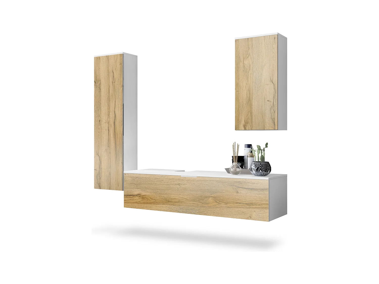 Ensemble de Meubles de Bains Beach, Corps en Blanc Mat/Façades en Chêne nature