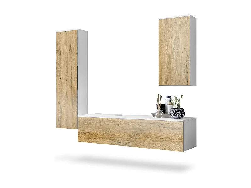 Ensemble de Meubles de Bains Beach, Corps en Blanc Mat/Façades en Chêne nature