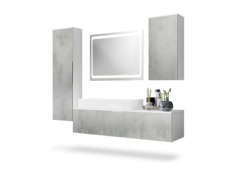 Conjunto de Muebles para baño Beach, Cuerpo en Blanco mate/Frentes con apariencia Hormigón Oxidado, con lavabo y espejo LED