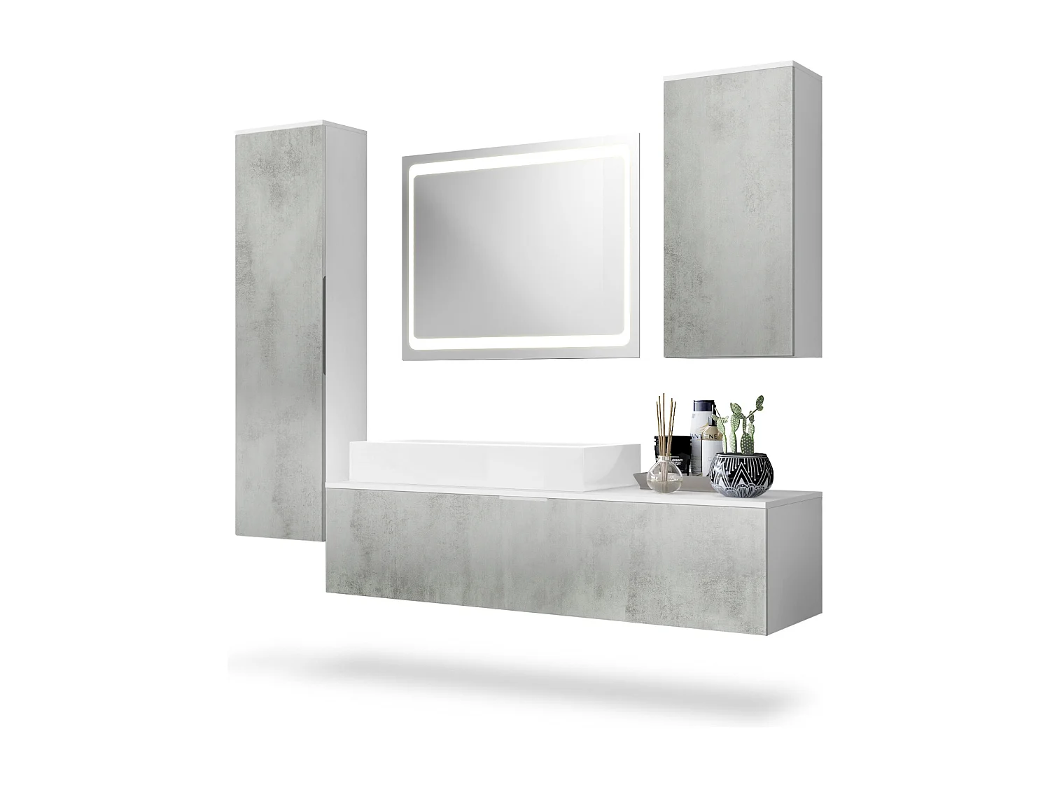 Ensemble de Meubles de Bains Beach, Corps en Blanc Mat/Façades en Aspect béton oxyde-optique avec Vasque à poser et Miroir LED