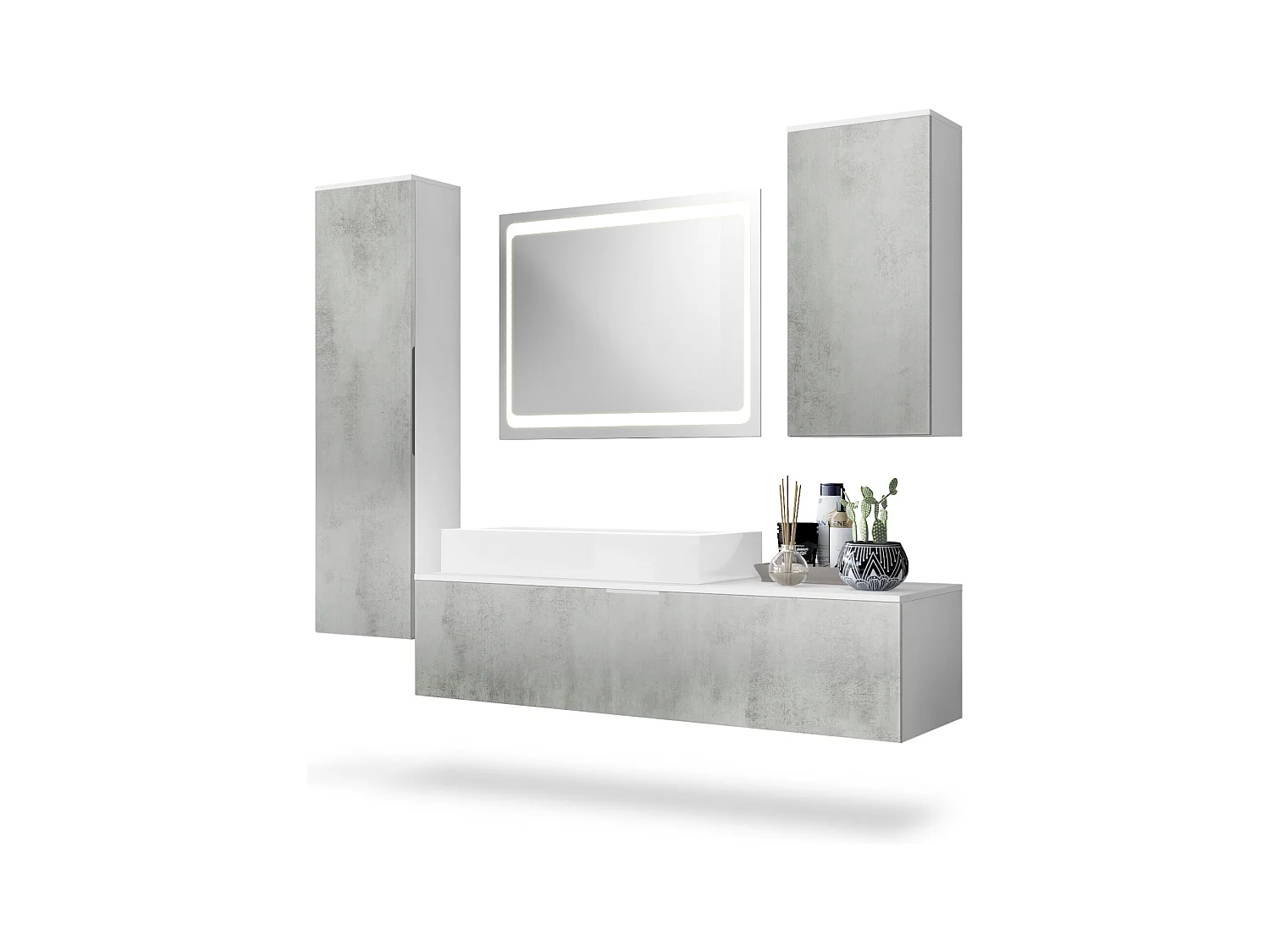 Ensemble de Meubles de Bains Beach, Corps en Blanc Mat/Façades en Aspect béton oxyde-optique avec Vasque à poser et Miroir LED