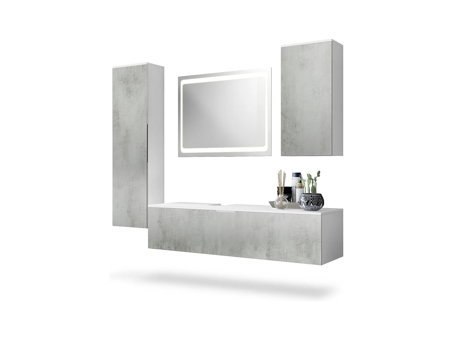 Ensemble de Meubles de Bains Beach, Corps en Blanc Mat/Façades en Aspect béton oxyde-optique avec miroir LED