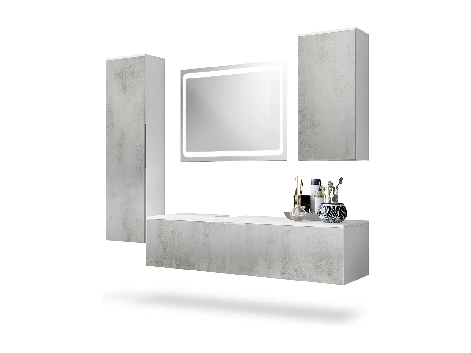 Ensemble de Meubles de Bains Beach, Corps en Blanc Mat/Façades en Aspect béton oxyde-optique avec miroir LED