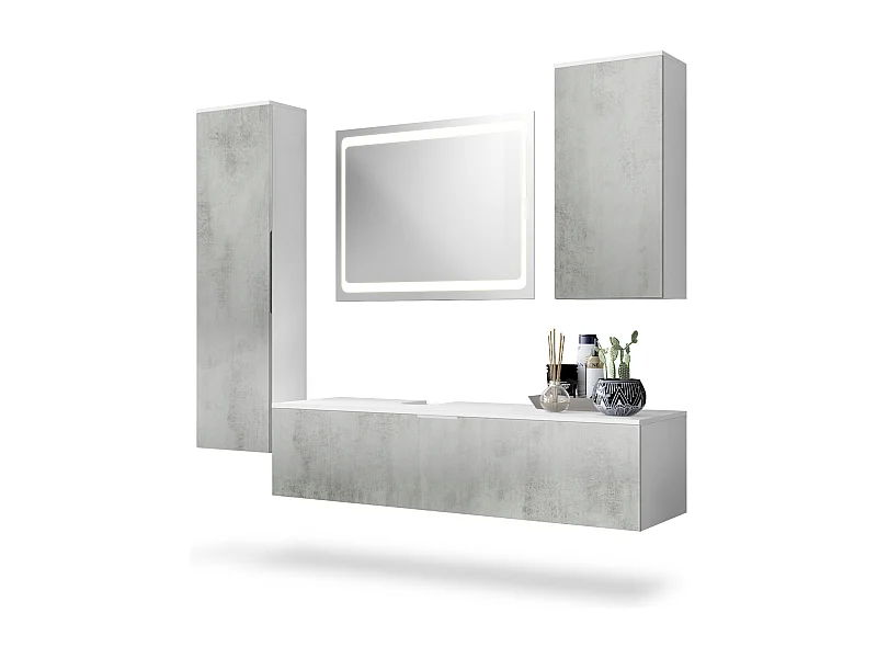 Conjunto de Muebles para baño Beach, Cuerpo en Blanco mate/Frentes con apariencia Hormigón Oxidado, incluidos espejo con LED