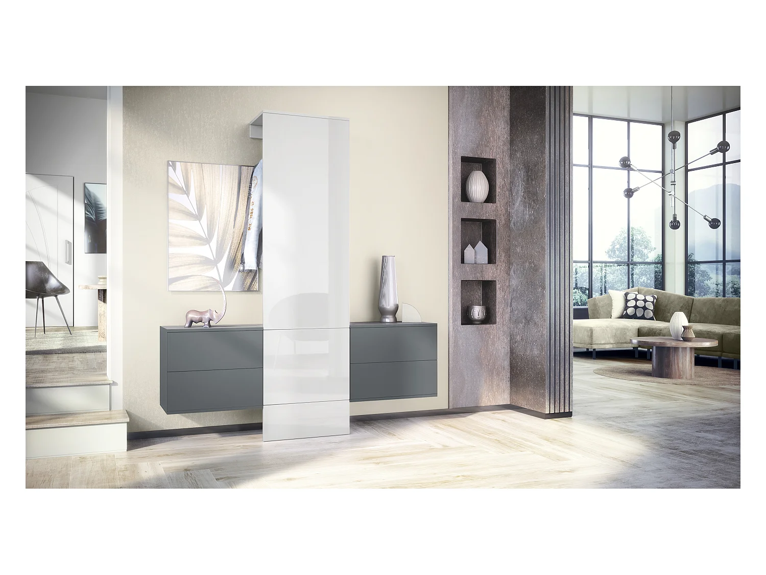 Vestiaire Garderobe Carlton Set 3, Corps en anthracite mat / Panneau portemanteau en blanc haute brillance (157 x 193 x 35 cm)