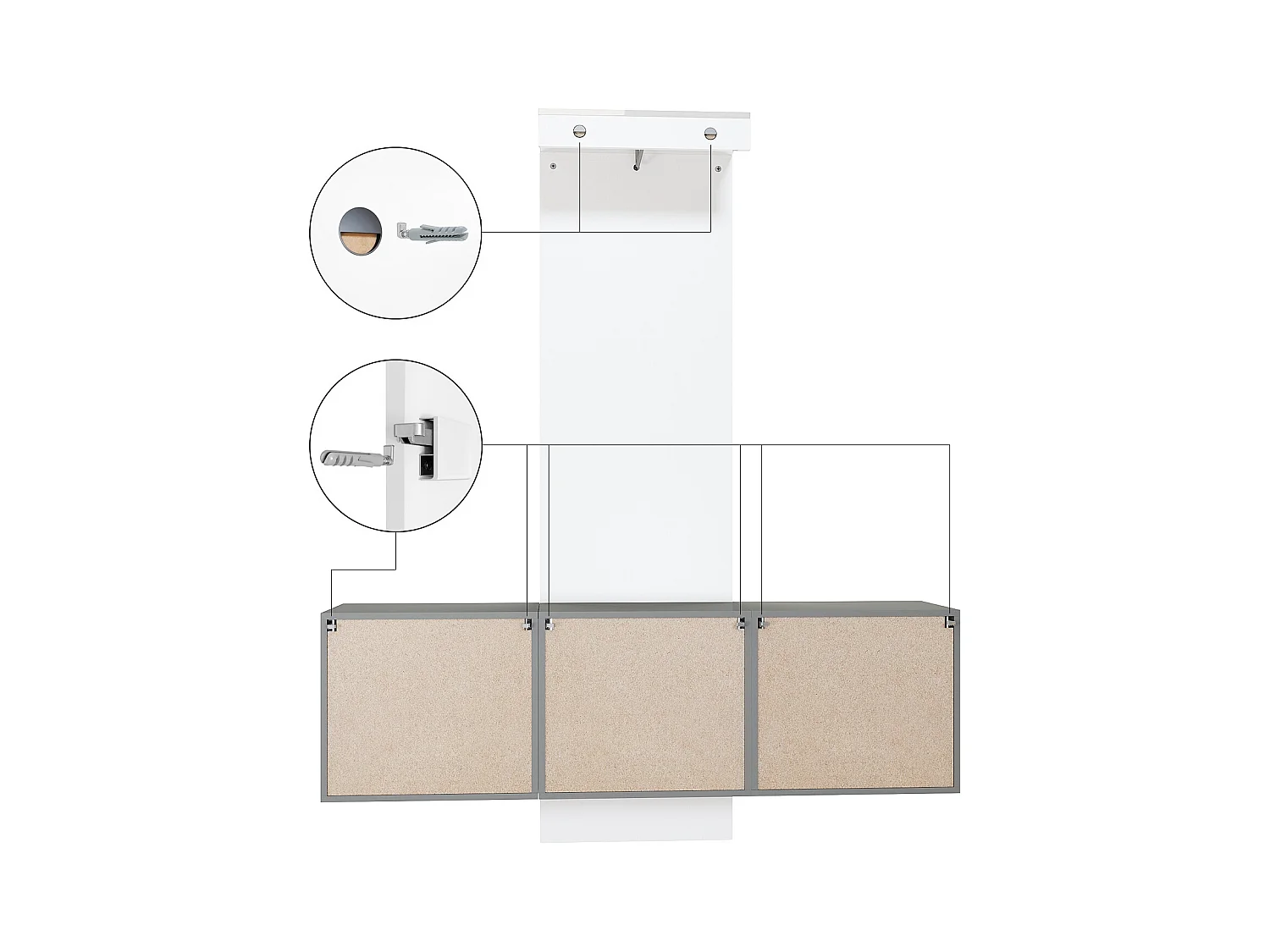 Vestiaire Garderobe Carlton Set 3, Corps en anthracite mat / Panneau portemanteau en blanc haute brillance (157 x 193 x 35 cm)