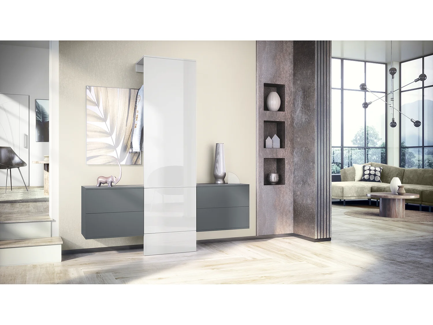 Vestiaire Garderobe Carlton Set 3, Corps en anthracite mat / Panneau portemanteau en blanc haute brillance (157 x 193 x 35 cm)