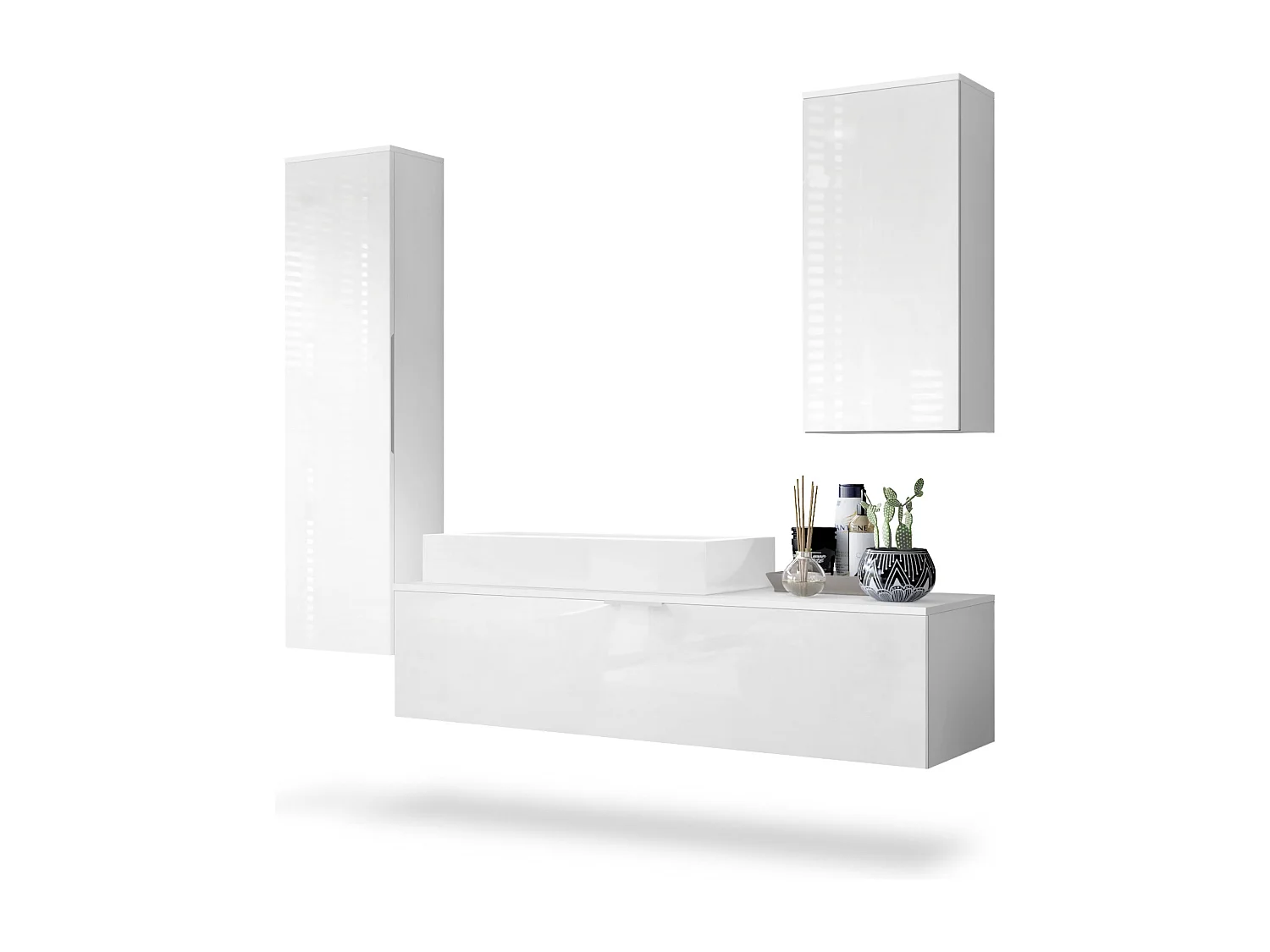 Ensemble de Meubles de Bains Beach, Corps en Blanc Mat/Façades en Blanc haute brillance avec Vasque à poser