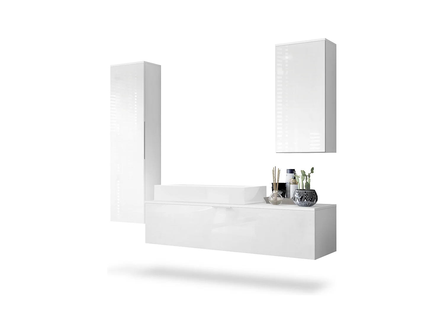 Ensemble de Meubles de Bains Beach, Corps en Blanc Mat/Façades en Blanc haute brillance avec Vasque à poser