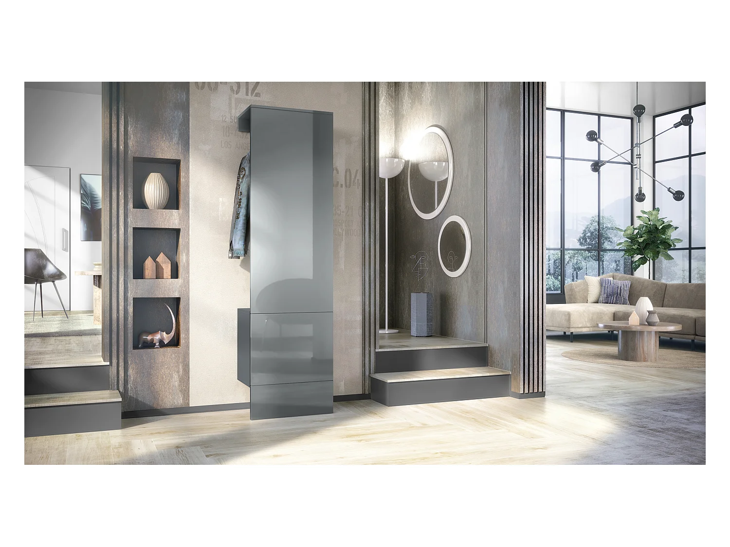 Penderie Carlton Set 5, Meuble d’entrée comprenant 1 panneau porte-manteau avec porte intégrée et 1 tringle, anthracite mat/gris brillant (52 x 193 x 35 cm)