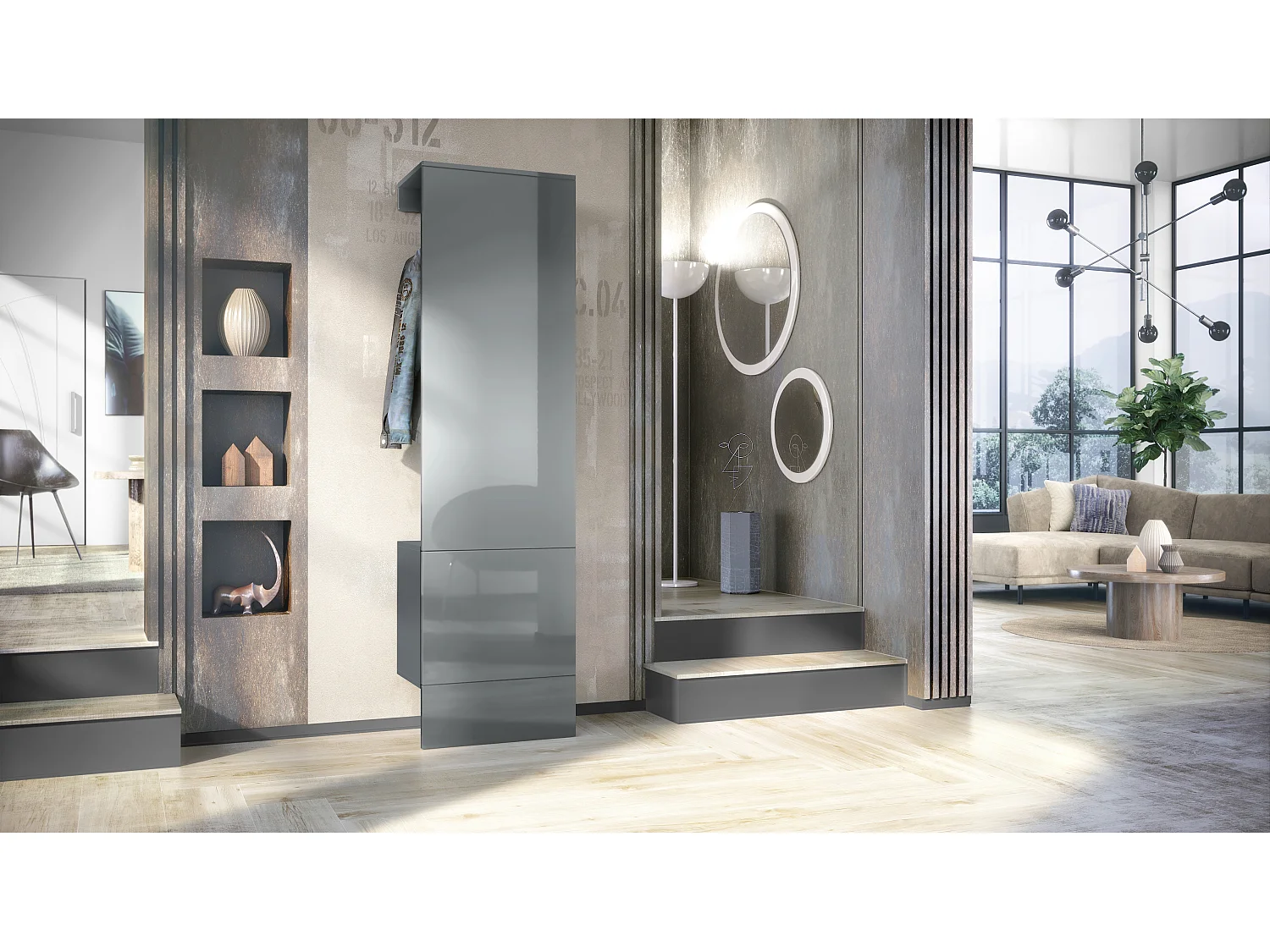 Penderie Carlton Set 5, Meuble d’entrée comprenant 1 panneau porte-manteau avec porte intégrée et 1 tringle, anthracite mat/gris brillant (52 x 193 x 35 cm)