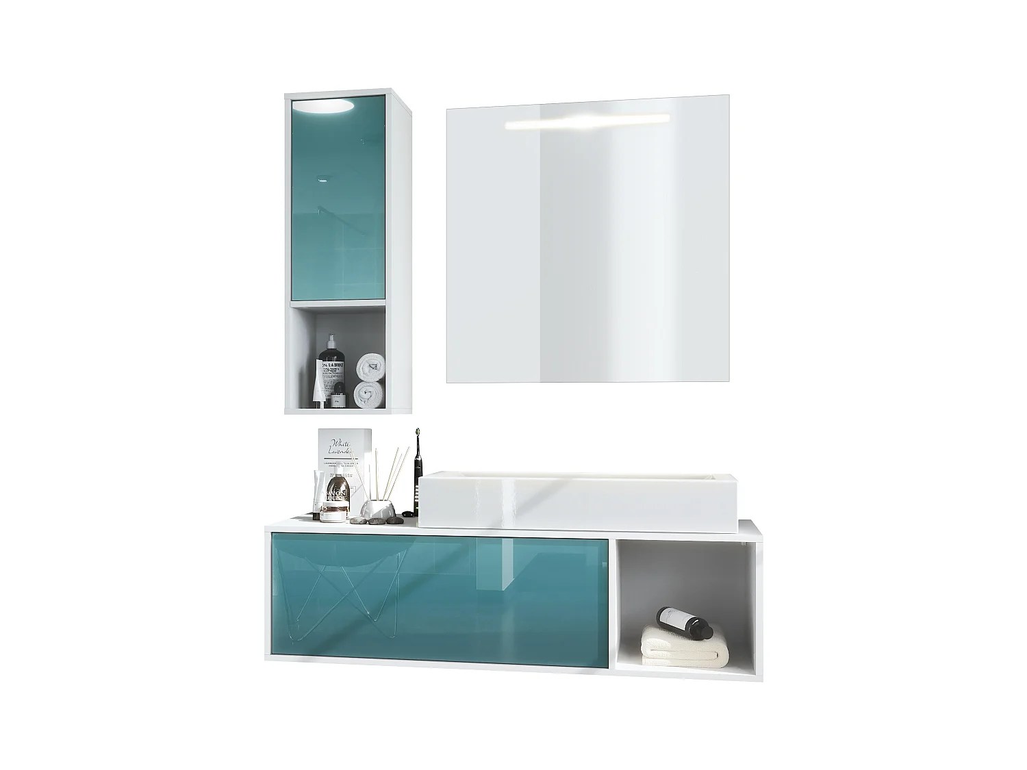 Ensemble de meubles de bains La Costa, Corps en Blanc mat, Façades en Turquoise haute brillance, avec Vasque à poser et Miroir LED