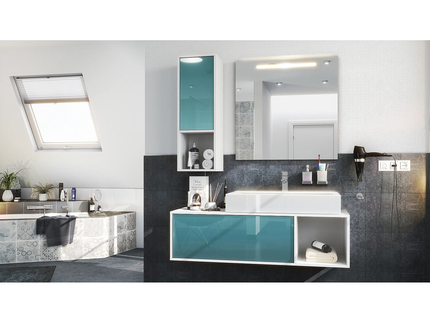 Ensemble de meubles de bains La Costa, Corps en Blanc mat, Façades en Turquoise haute brillance, avec Vasque à poser et Miroir LED