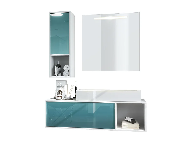 Conjunto de muebles para baño La Costa, cuerpo en blanco mate / Frentes en petróleo de alto brillo con lavabo y espejo LED