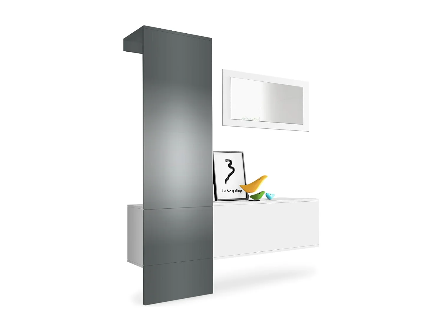 Penderie Carlton Set 4, Meuble d’entrée comprenant 1 panneau porte-manteaux, 1 module de commode et 1 miroir, Blanc mat/graphite satiné mat (156x193x35 cm)