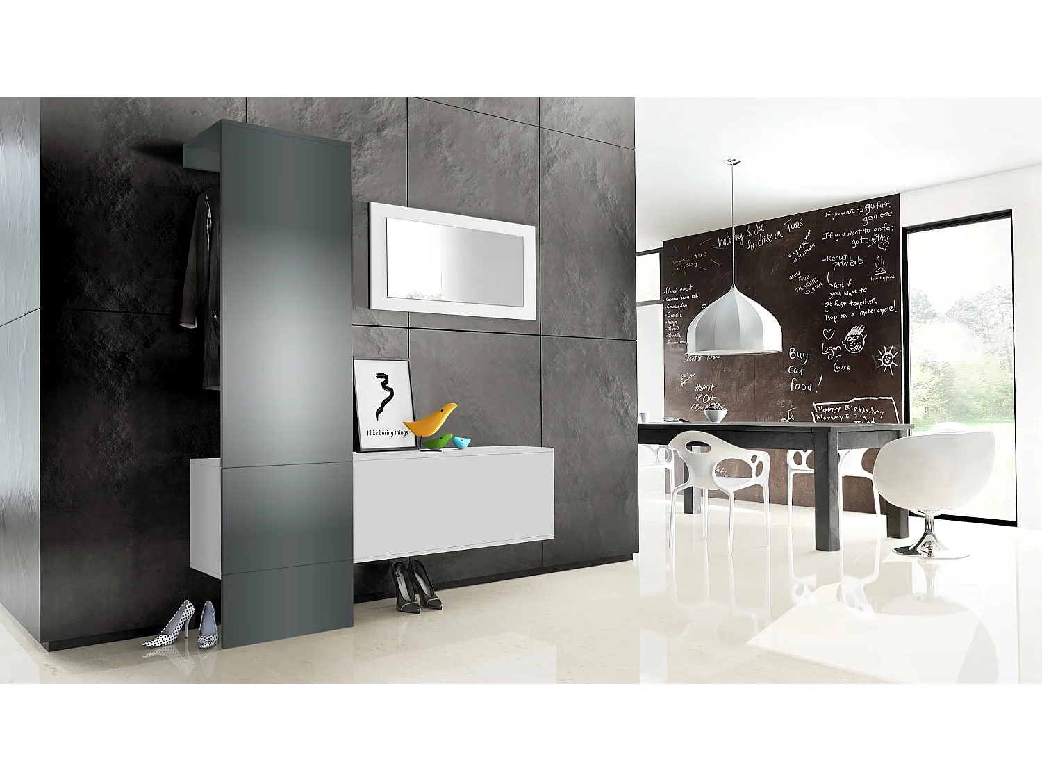 Penderie Carlton Set 4, Meuble d’entrée comprenant 1 panneau porte-manteaux, 1 module de commode et 1 miroir, Blanc mat/graphite satiné mat (156x193x35 cm)