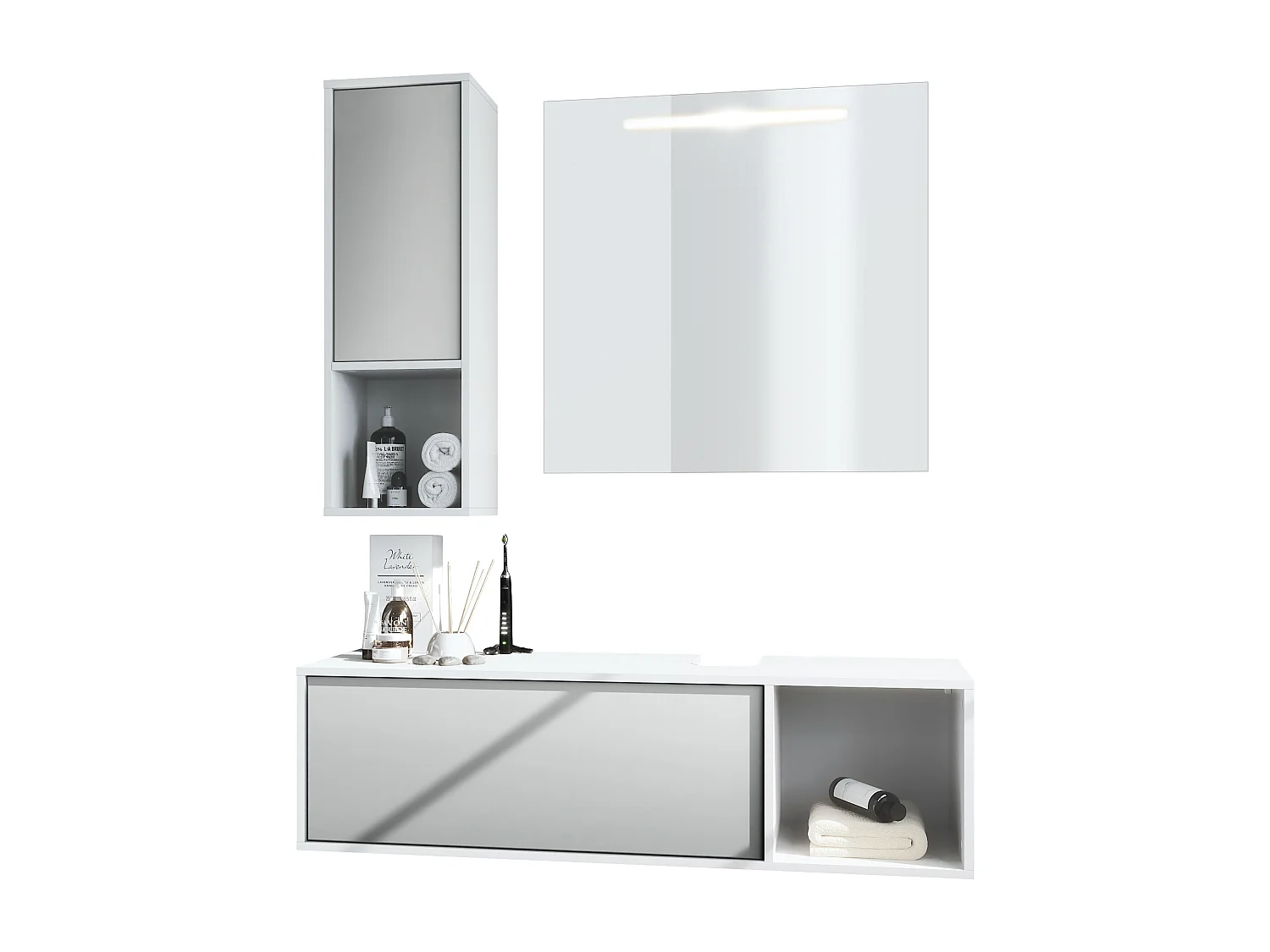 Ensemble de meubles de bains La Costa, Corps en Blanc mat, Façades en Gris clair satiné mat, avec Miroir LED