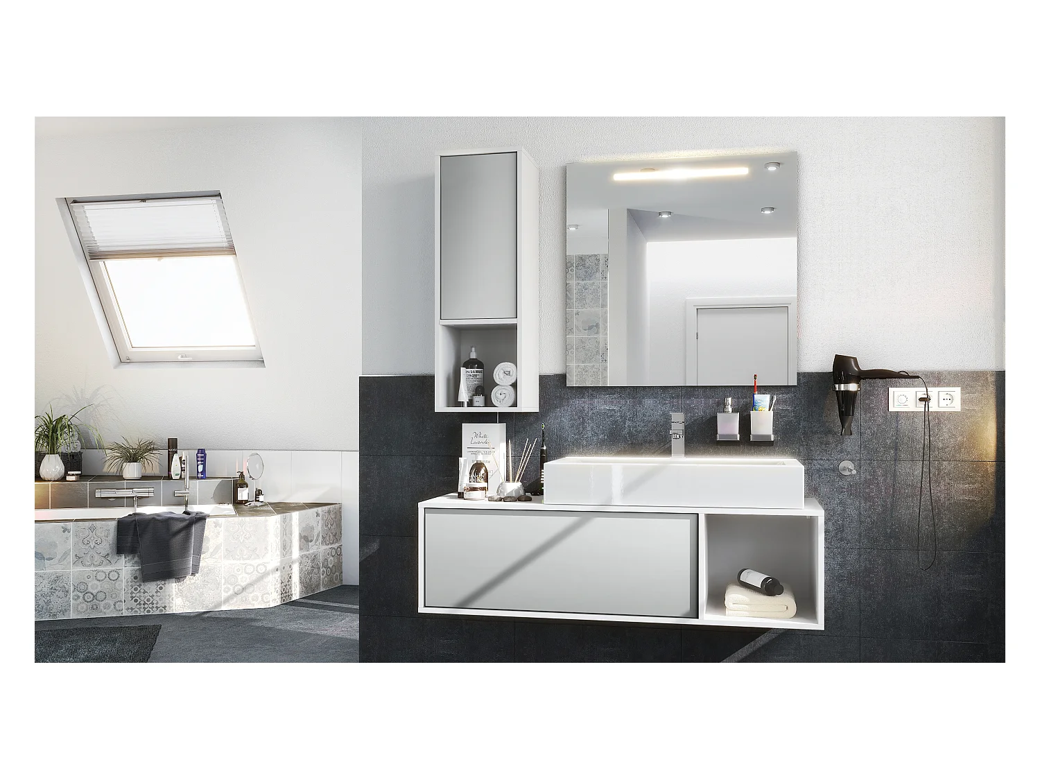 Ensemble de meubles de bains La Costa, Corps en Blanc mat, Façades en Gris clair satiné mat, avec Miroir LED