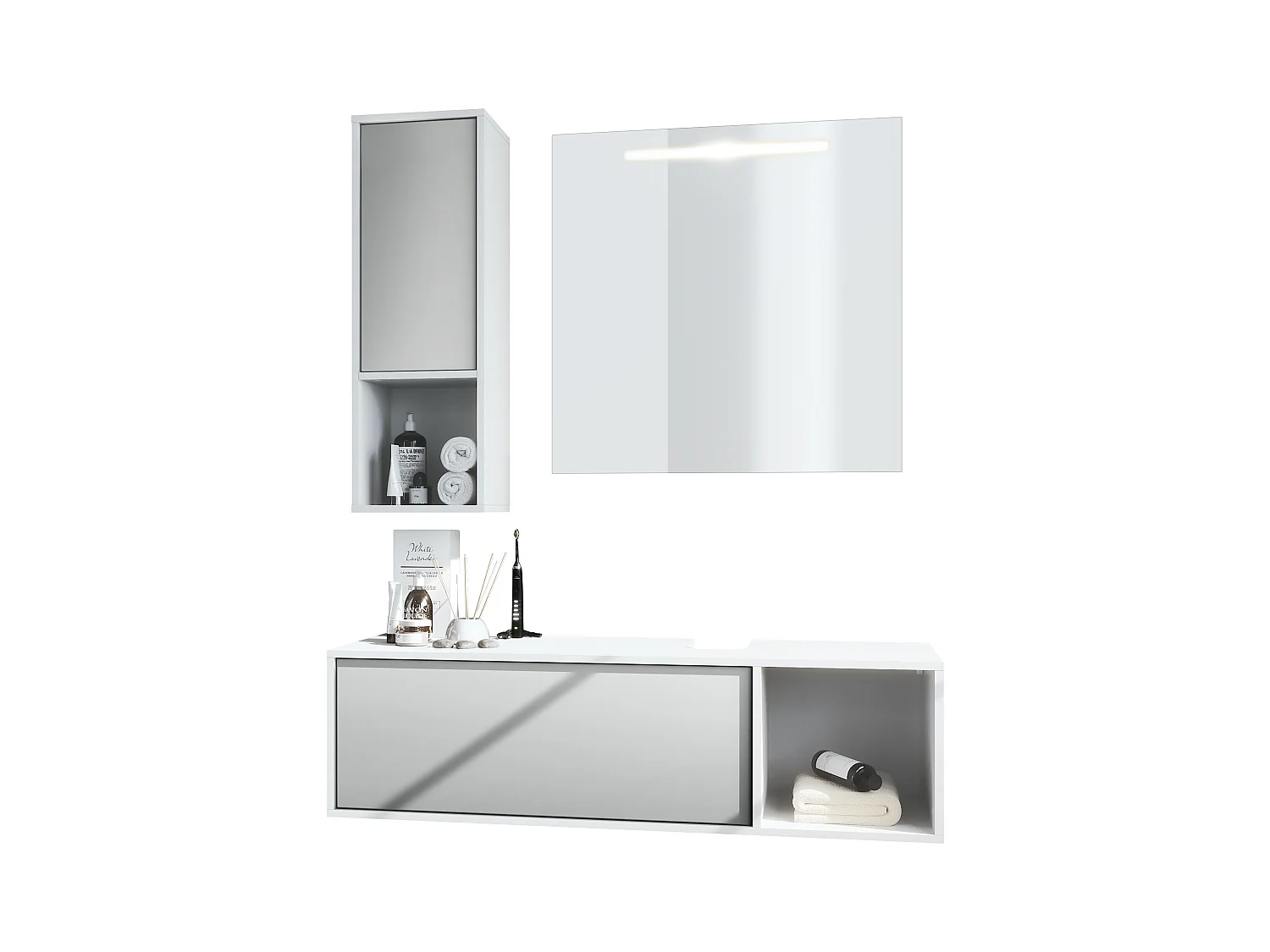 Ensemble de meubles de bains La Costa, Corps en Blanc mat, Façades en Gris clair satiné mat, avec Miroir LED