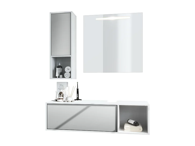Set di mobili da bagno Mobile contenitore La Costa, struttura in bianco opaco / frontali in grigio chiaro satinato con specchio LED