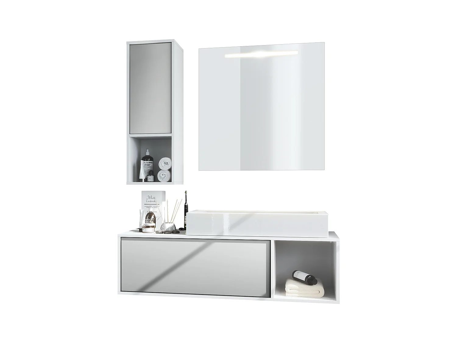 Ensemble de meubles de bains La Costa, Corps en Blanc mat, Façades en Gris clair satiné mat, avec Vasque à poser et Miroir LED