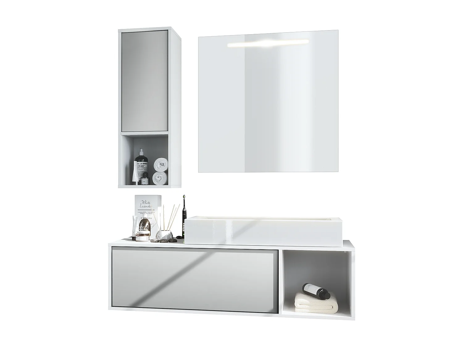 Ensemble de meubles de bains La Costa, Corps en Blanc mat, Façades en Gris clair satiné mat, avec Vasque à poser et Miroir LED
