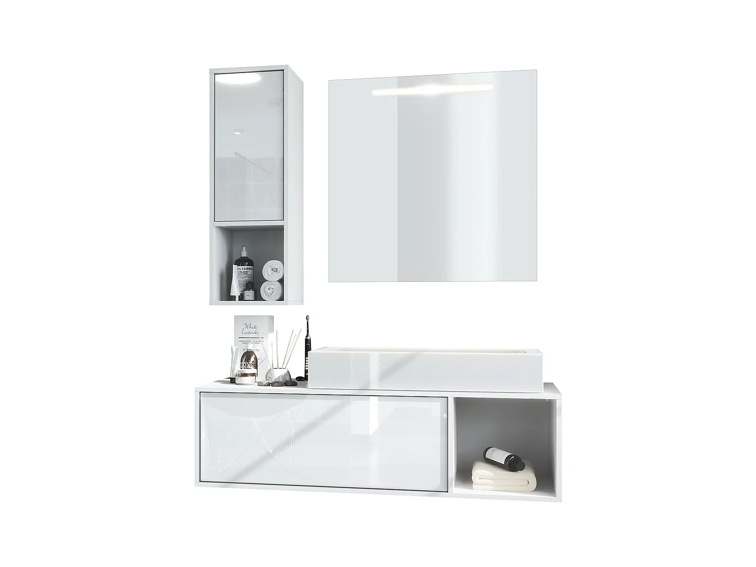 Ensemble de meubles de bains La Costa, Corps en Blanc mat, Façades en Blanc haute brillance, avec Vasque à poser et Miroir LED