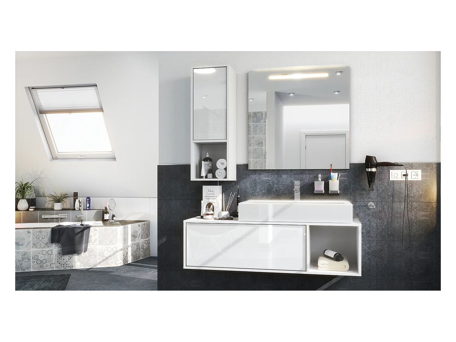 Ensemble de meubles de bains La Costa, Corps en Blanc mat, Façades en Blanc haute brillance, avec Vasque à poser et Miroir LED
