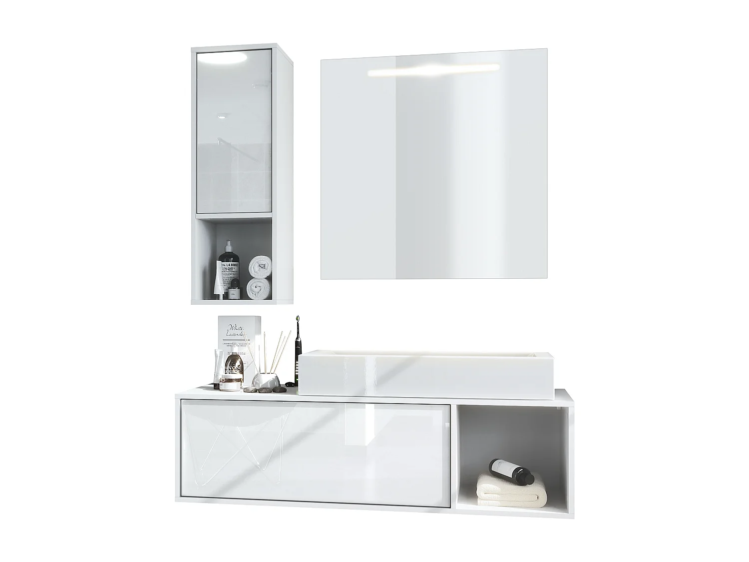 Ensemble de meubles de bains La Costa, Corps en Blanc mat, Façades en Blanc haute brillance, avec Vasque à poser et Miroir LED