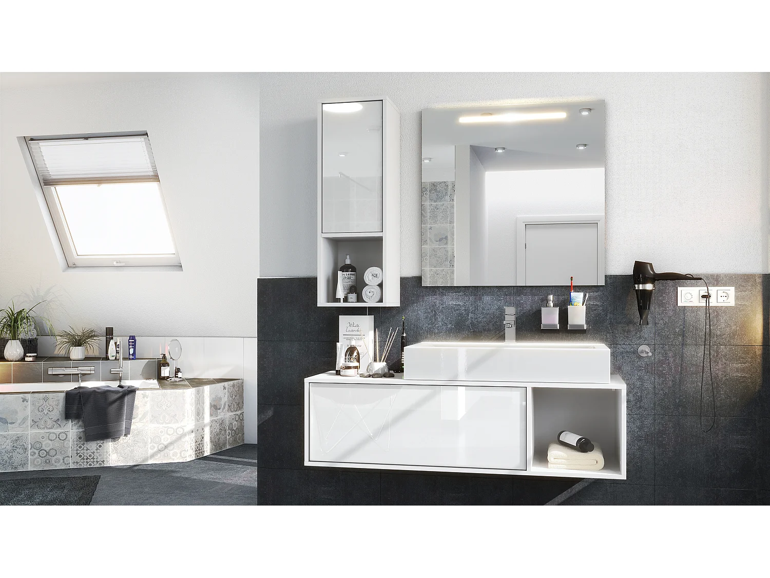 Ensemble de meubles de bains La Costa, Corps en Blanc mat, Façades en Blanc haute brillance, avec Vasque à poser et Miroir LED