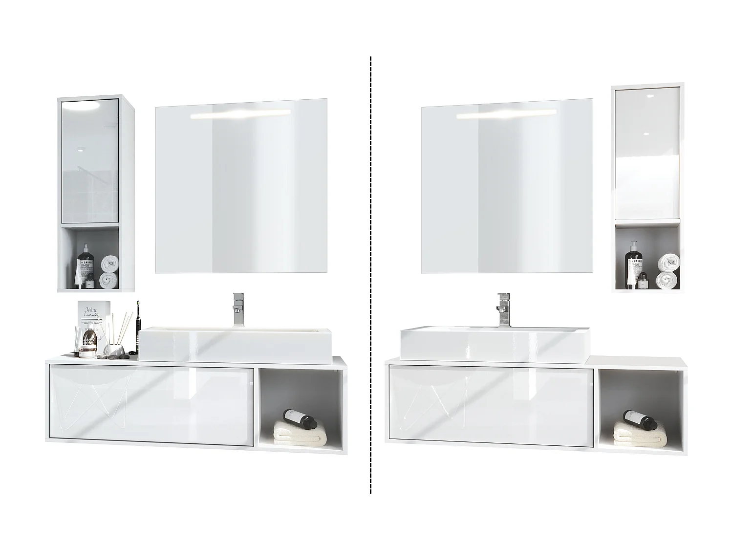 Ensemble de meubles de bains La Costa, Corps en Blanc mat, Façades en Blanc haute brillance, avec Vasque à poser et Miroir LED