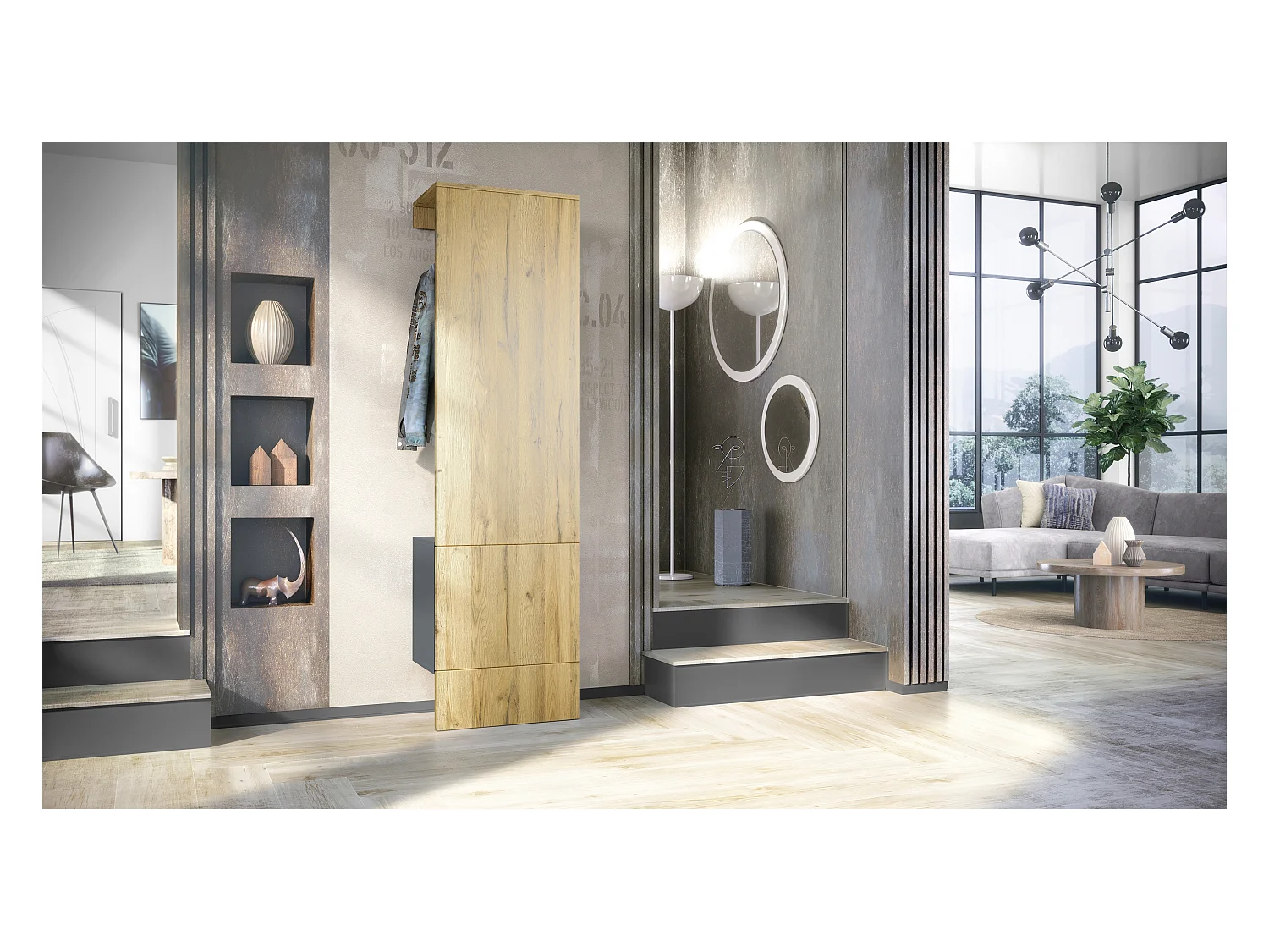 Penderie Carlton Set 5, Meuble d’entrée comprenant 1 panneau porte-manteau avec porte intégrée et 1 tringle, anthracite mat/chêne nature (52 x 193 x 35 cm)