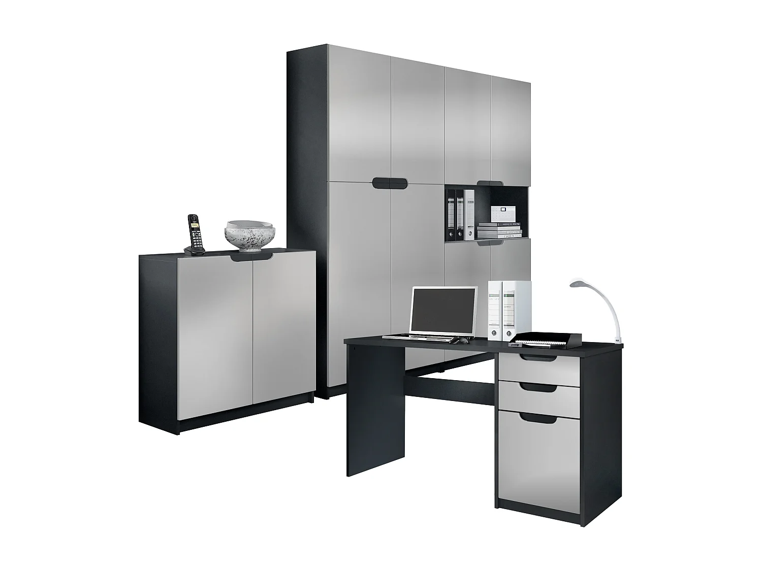 Ensemble de meubles de bureau Armoire Commode Rangement Logan, Corps en noir mat / Façades en gris clair satiné mat