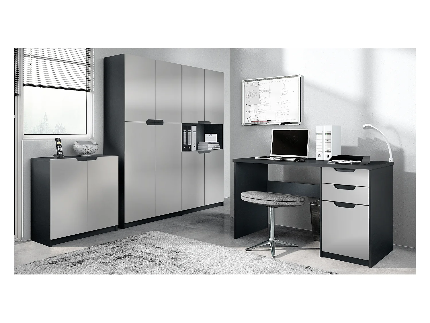 Ensemble de meubles de bureau Armoire Commode Rangement Logan, Corps en noir mat / Façades en gris clair satiné mat